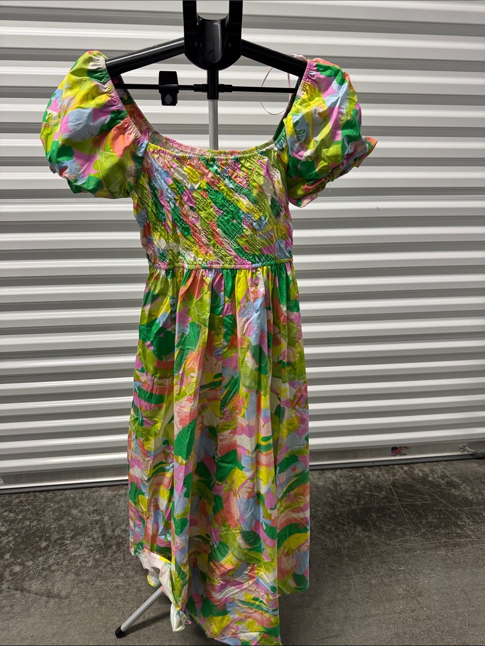 Peach Love California Puff Sleeve Floral Midi Dress in Green, Pink, Yellow